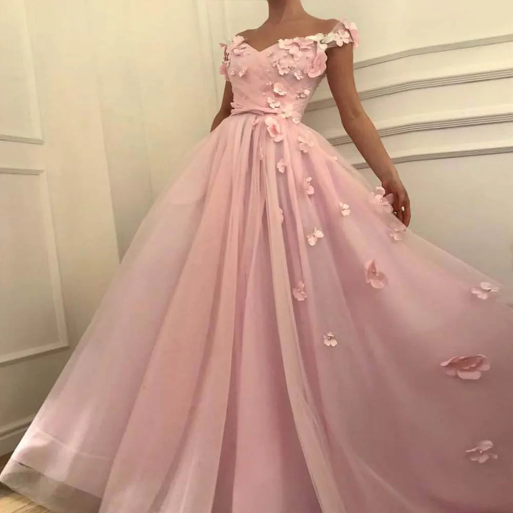 

Flowers Beaded Evening Dresses Long 2021 V-Neck Off-the-Shoulder Pink Princess Prom Dress A-Line Tulle Elegant robes de soirée