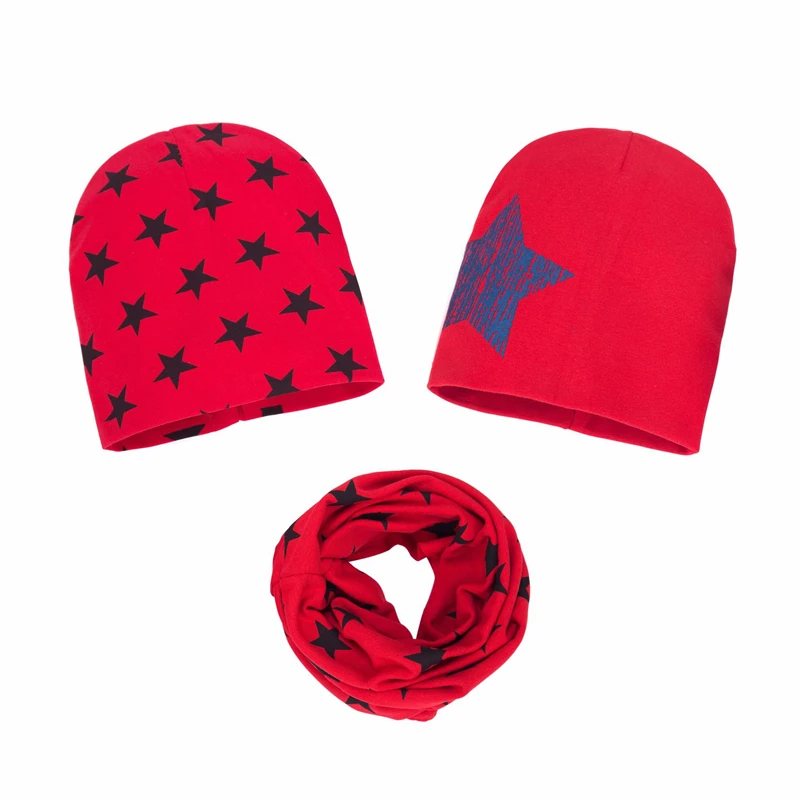 Three-piece Children Hats Scarf Baby Boys Printed Knitted Caps Spring Autumn Kids Toddler Star Cotton PAPA MAMA 6M-36Month | Детская