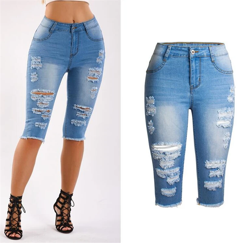 

Женские джинсовые шорты, летние женские эластичные облегающие шорты длиной до колен с вырезами, большие размеры