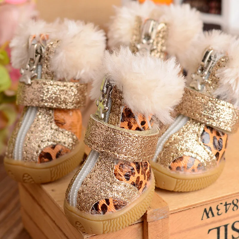 Леопардовые зимние сапоги для щенков, зимняя теплая обувь для маленьких собак, водонепроницаемая обувь для животных для плюшевых чихуахуа