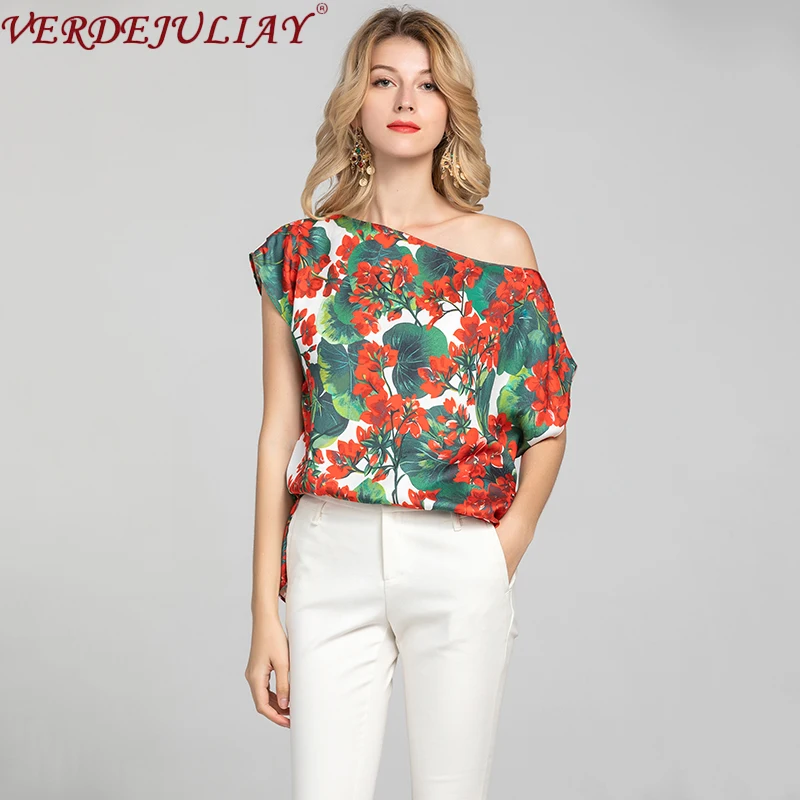 

Wholesale High Street Design Loose T-shirt Women Slash Neck 2020 Summer Holiday Style Milan Runway Floral Print Casual Tops