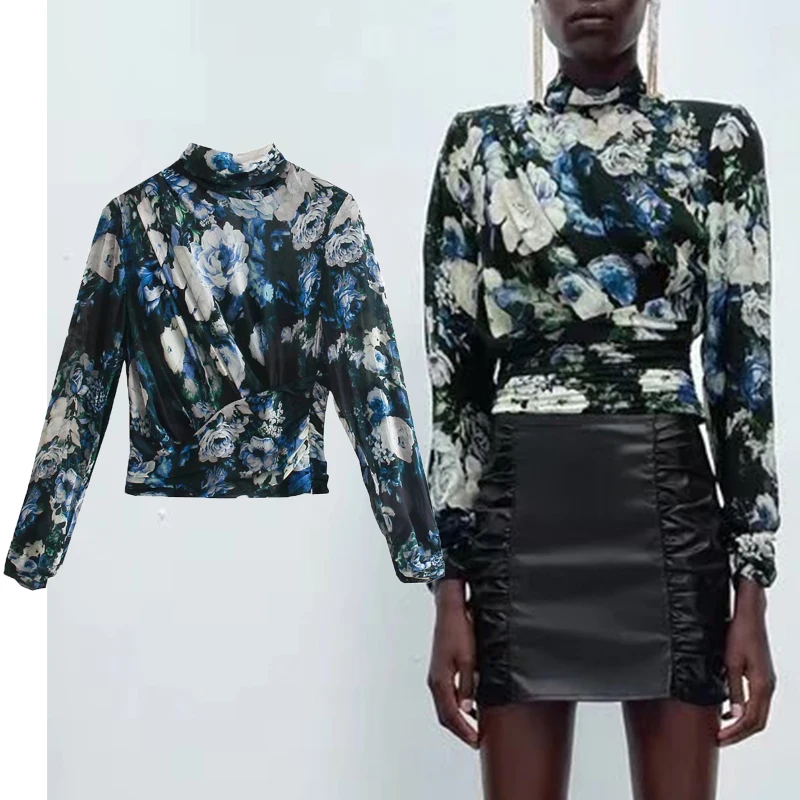 

Za Women Floral Printed Long Sleeve Blouse Shirts 2022 Spring Autumn Pile Collar Casual Soft Top Female Fashion Streetwear