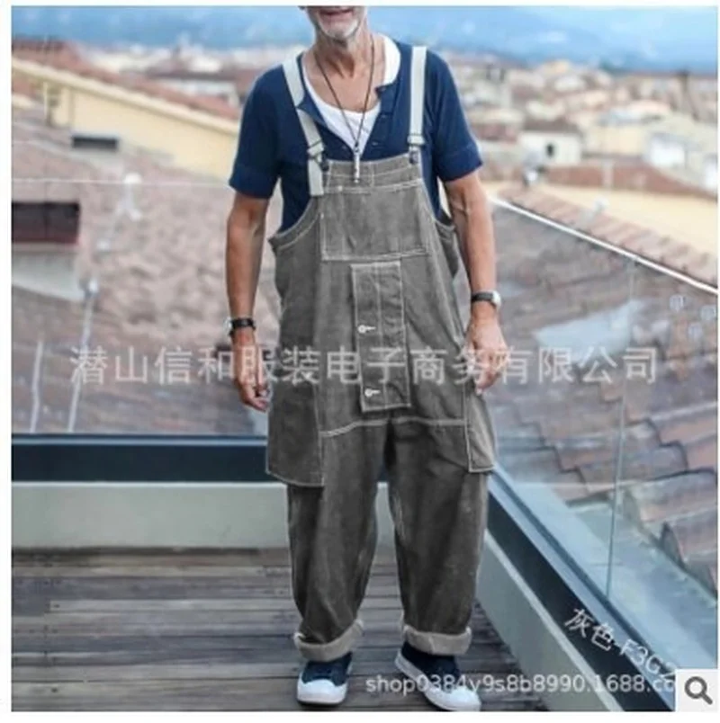 Fashion Men Jeans Spring Autumn New Loose Work Clothes Jeans Trousers Casual Multi Pocket Mens Suspenders Pants Denim Pants
