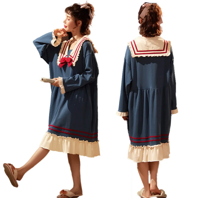 

Women's Nightdress Cotton Nightdress Spring Autumn Lapel Lovely Nightdress Long Sleeve Women's Home Wear