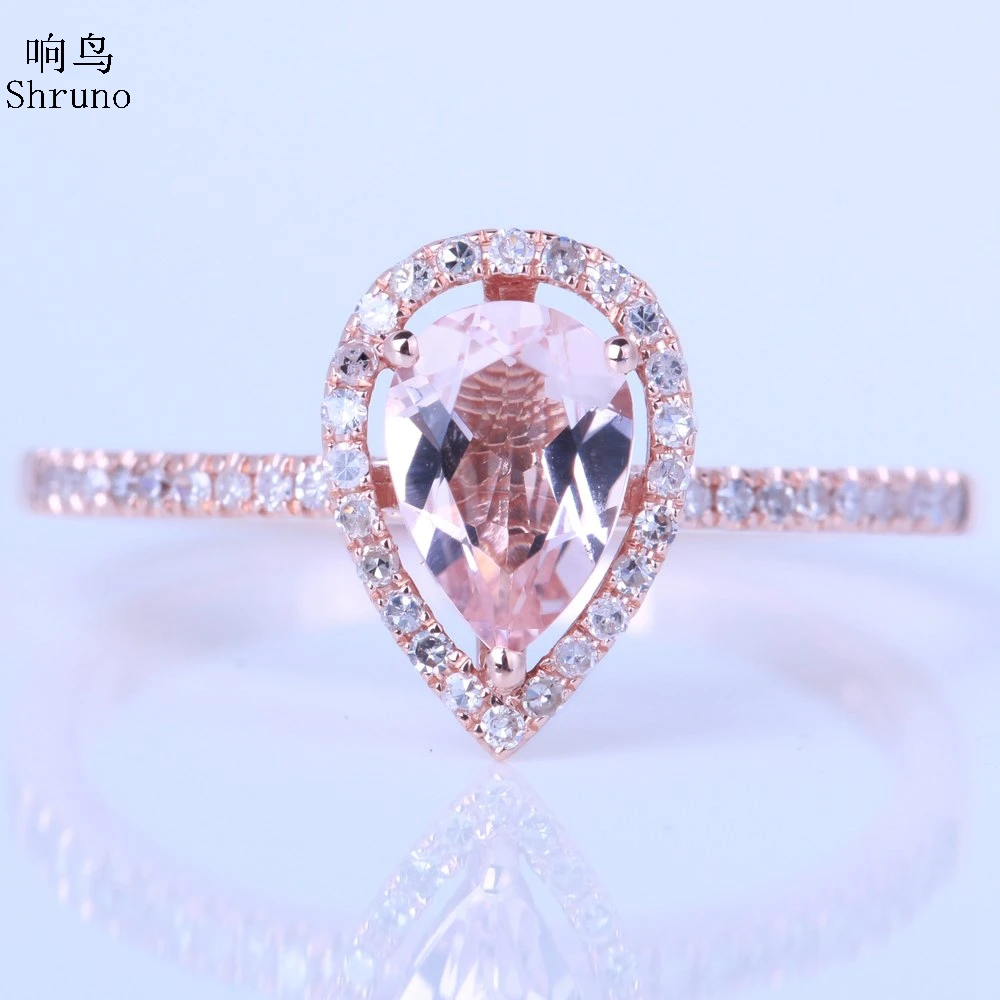 

Shruno Solid 14k AU585 Rose Gold Pear 7x5mm Natural Morganite Diamonds Engagement Wedding Ring Women Fine Jewelry Gemstone Ring