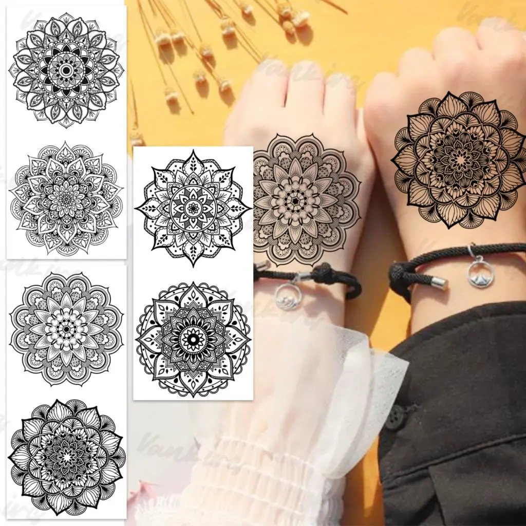 

Black Henna Temporary Tattoos For Men Women Realistic Flower Mandala Fake Tattoo Sticker Summer Style Sexy Hand Body Tatoos DIY