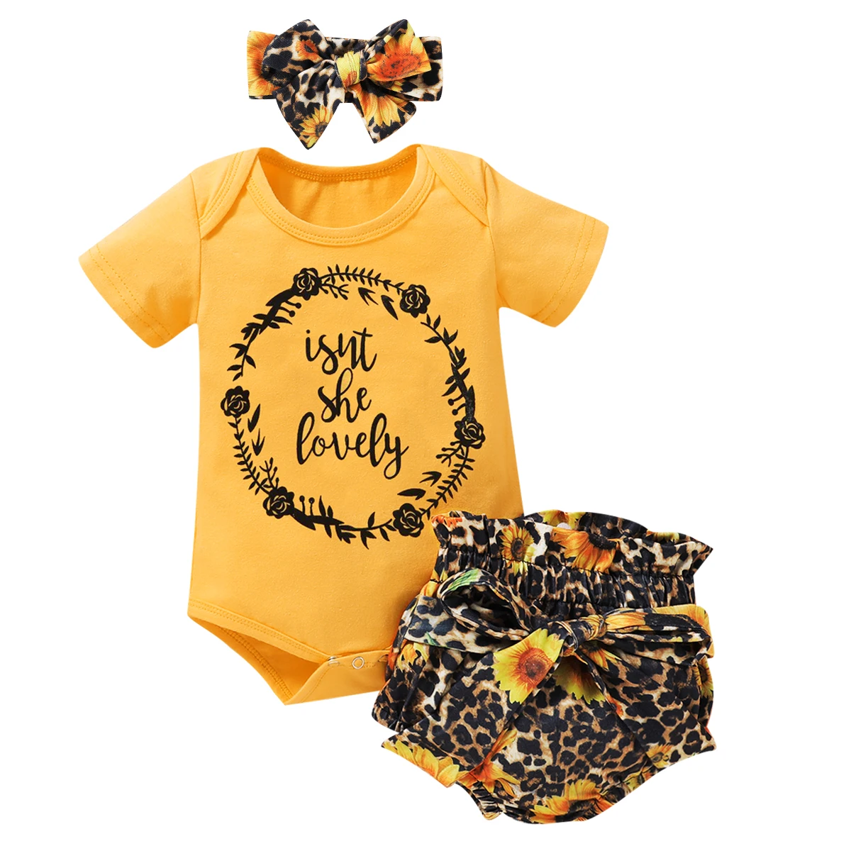 

New Toddler Baby Girls Fashion 3-piece Outfit Set Short Sleeves Letter Print Romper+Leopard Shorts+Headband Set