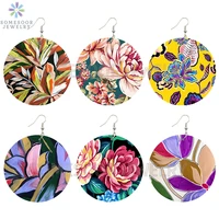 somesoor oil painting flowers bohemian wooden drop earrings artistic african fabric design loops dangle jewelry for women gifts