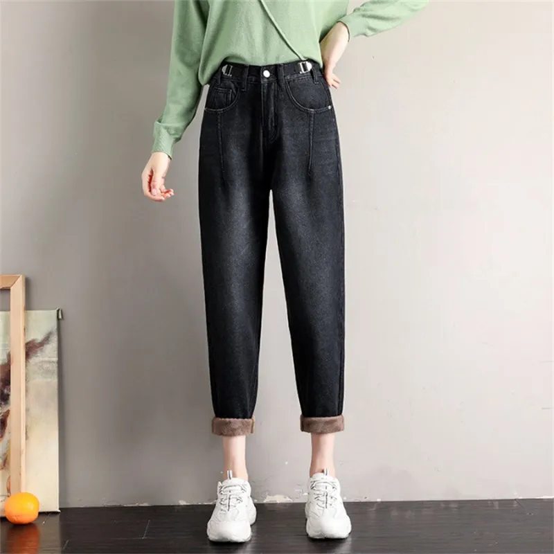 

GUUZYUVIZ Winter Thick Warm Mom Jeans High Waist Loose Denim Velvet Harem Pants Black Blue Vaqueros Mujer