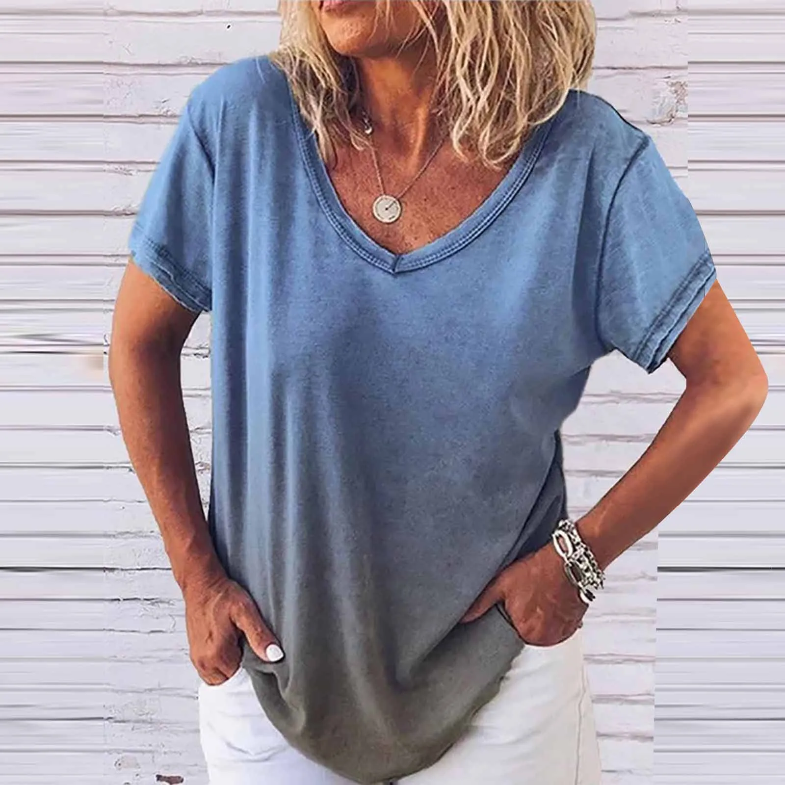 

S-5XL camiseta holgada mujer Womens Casual V-Neck Fading Color T-shirt Short Sleeve Blouse Tops Plus Size Gradient contrast F4