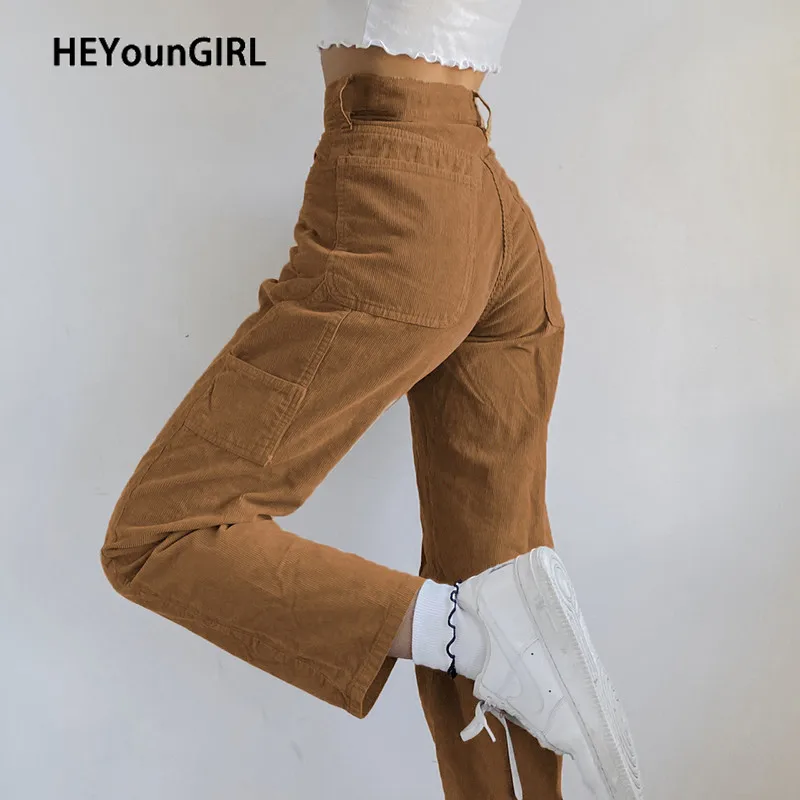 

HEYounGIRL Khaki Brown Vintage Corduroy Pants Capris Casual High Waisted Trousers Ladies Fashion Skinny Autumn Joggers Winter