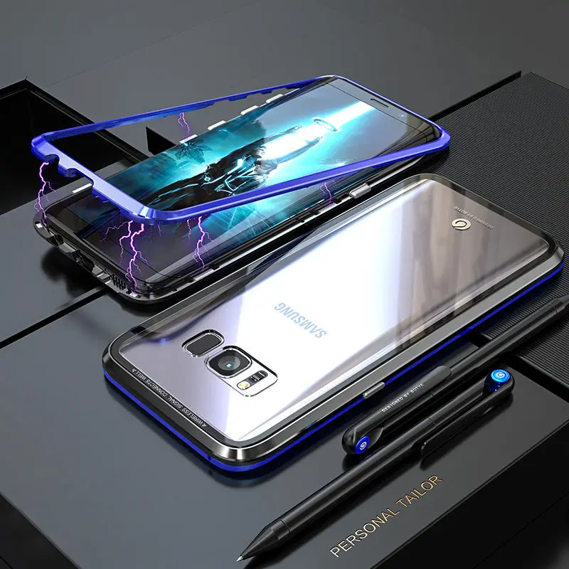 Адсорбционный чехол с магнитной рамкой для samsung Galaxy S10 Plus S8, стеклянный защитный чехол для samsung S10 Plus, чехол для samsung S10, чехол - Цвет: Black Blue