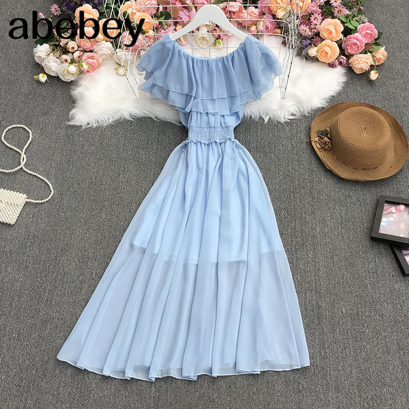 

Новинка 2021, летнее милое универсальное платье с воротником-лодочкой, открытыми плечами, облегающее однотонное платье с рюшами и оборками