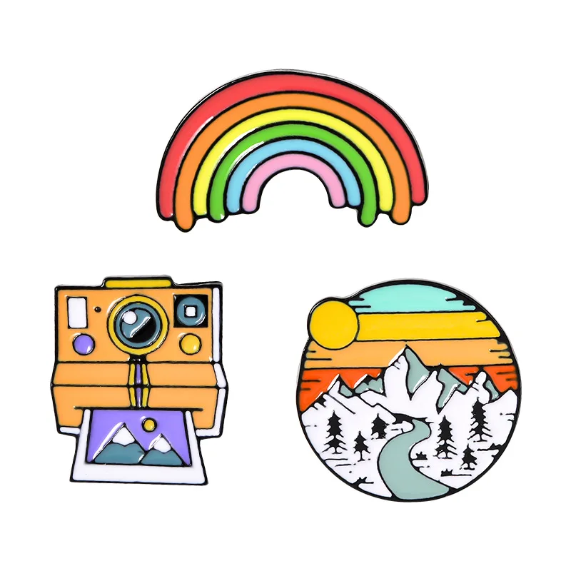 

Cartoon Cute Brooches For Women Outdoor Rainbow Camera Snow Mountain Enamel Pin Metal Backpack Pin Badge Friends Gifts