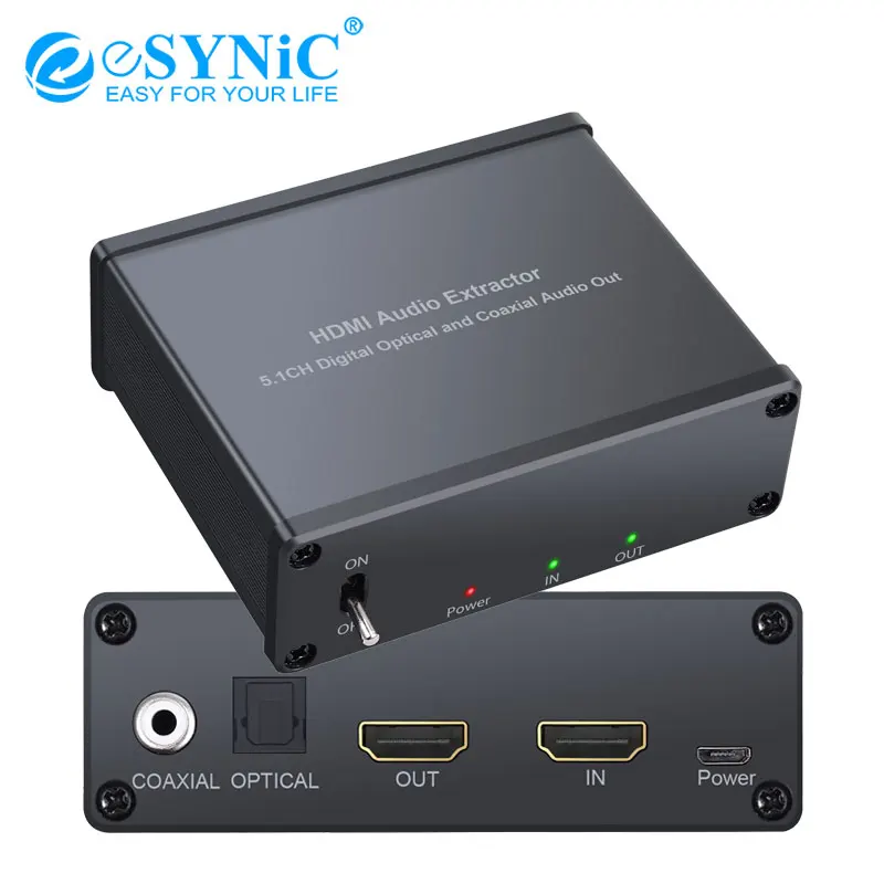 ESYNiC HDMI аудио экстрактор с адаптером питания в оптический TOSLINK SPDIF + коаксиальный