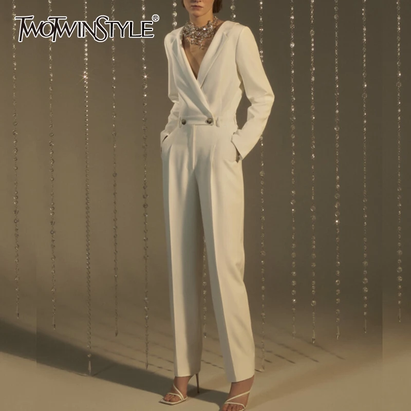 

TWOTWINSTYLE Casual Jumpsuits For Female Deep V Neck Long Sleeve High Waist Slimming Women's Casual Jumpsuits