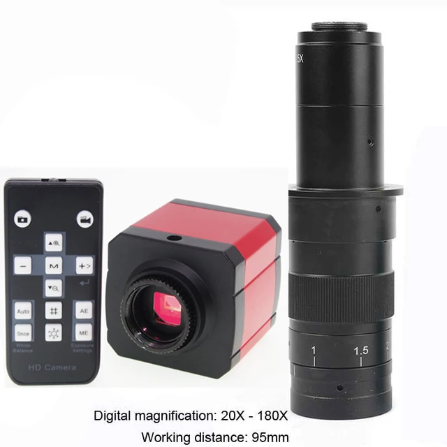 180X with Lens 24MP 1080P 60FPS HD HDMI USB промышленный лабораторный микроскоп Видео камера TF слот для карт C-Mount объектив 144 светодиодный кольцевой свет - Цвет: 180X with Lens