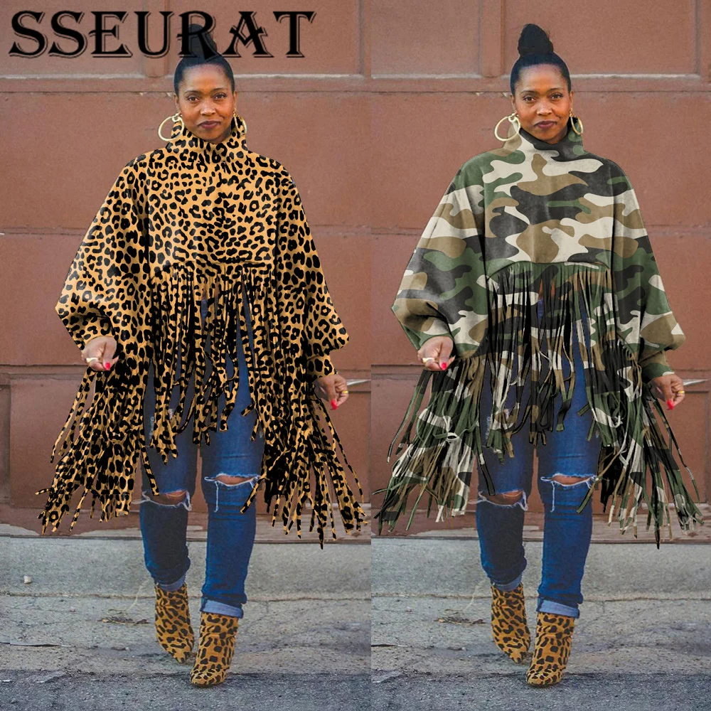 

SSEURAT Fashion Leopard Print Long Sleeve Fringed Plus Size Women Top Sexy Turtleneck Street Wear Trend Loose Blouses