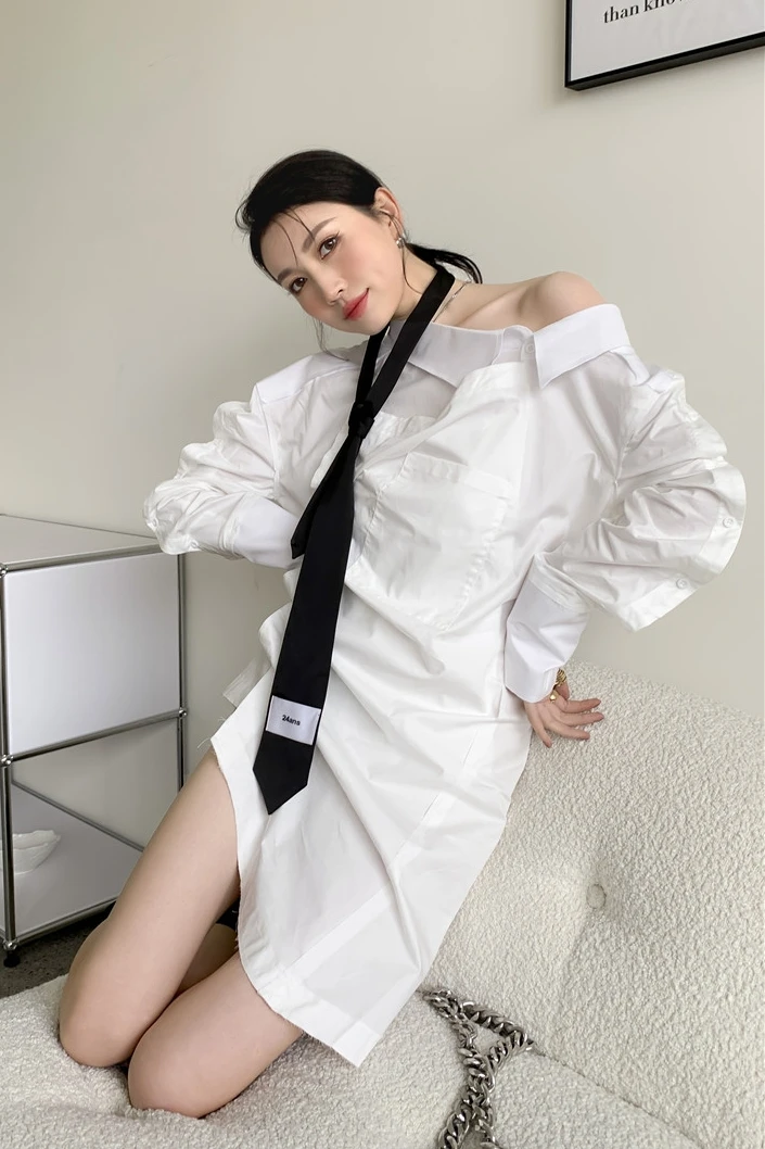 

ZCSMLL White Loose Women Tops Turn-down Collar Long Sleeve Irregular Hem White Female Blouses Korean Fashion 2021 Spring Summer