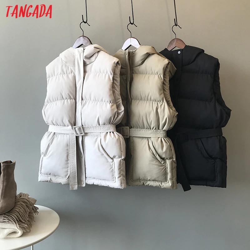 Tangada, Женские однотонные парки без рукавов с поясом, с капюшоном, на молнии,, зимнее женское теплое длинное пальто, корейская модная куртка ASF01