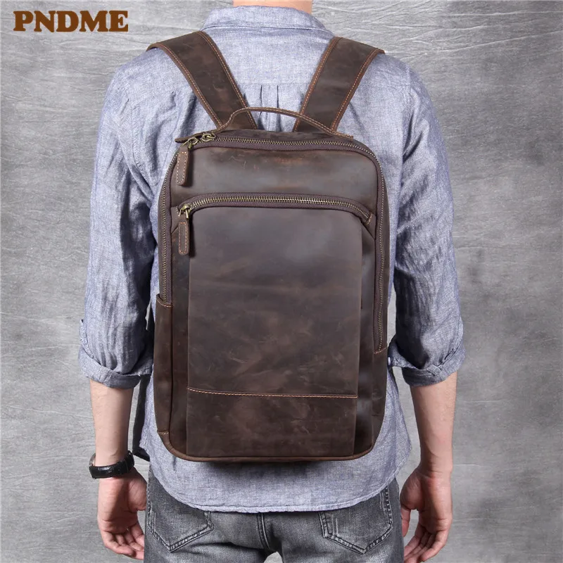 PNDME crazy horse cowhide large capacity men's women's travel backpack vintage high quality genuine leather laptop bookbags