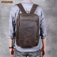 pndme crazy horse cowhide large capacity mens womens travel backpack vintage high quality genuine leather laptop bookbags