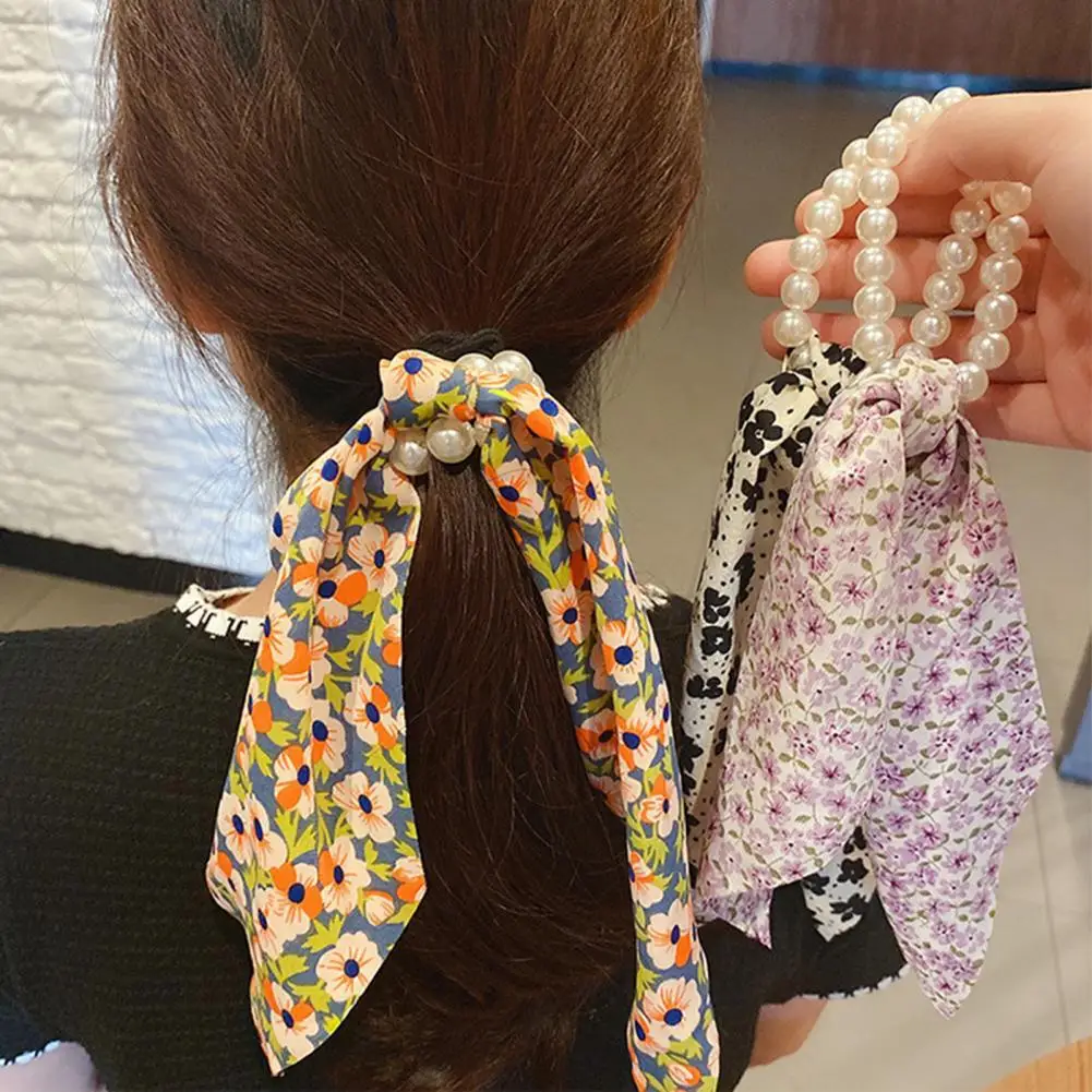 

Hot Sale Fashion Print Bow Satin Long Ribbon Ponytail Scarf Hair Tie Scrunchies Women Girls Elastic Hair Bands Hair Accessories