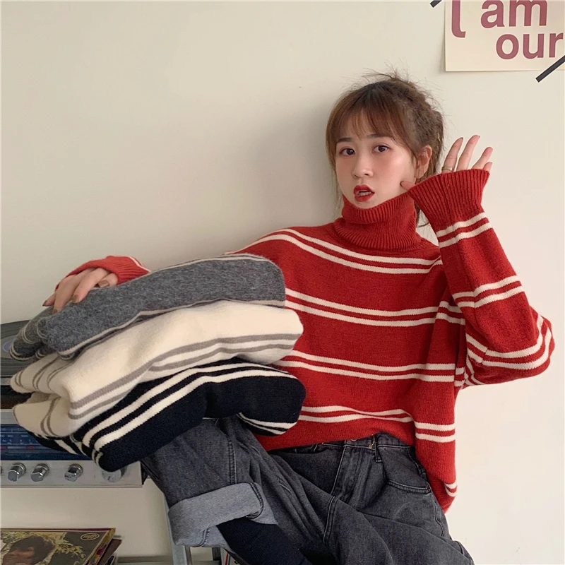 

Knitted Turtleneck Loose Striped Preppy Style Spring Autumn Pullovers Woman Sweaters Fashion Brand Female Oversize Hipster New