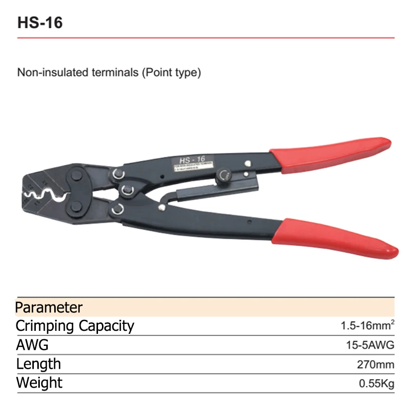 

HS-16 Crimping Pliers Cable Lug Crimper Tool Bare Terminal Wire Plier Cutter 1.25-16 Square Millimeter Cutters Cutting Hand Tool