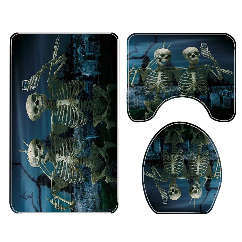 

Scary Rotten Skull Bath Shower Curtain Art Bathroom Curtain Rug Sets Toilet Cover Non-slip Bath Mat Halloween Decorations