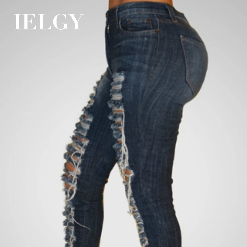 

IELGY Big ripped Jeans Women's Fashion hips high waist tassels decorative feet pants wild Bottoms