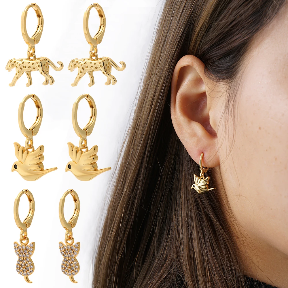 

Bird Earrings for Women Gold Cat Fish Animals Dangle Earrings Micro Pave Zircon CZ Copper Earring Trendy Punk New Fashion 2021