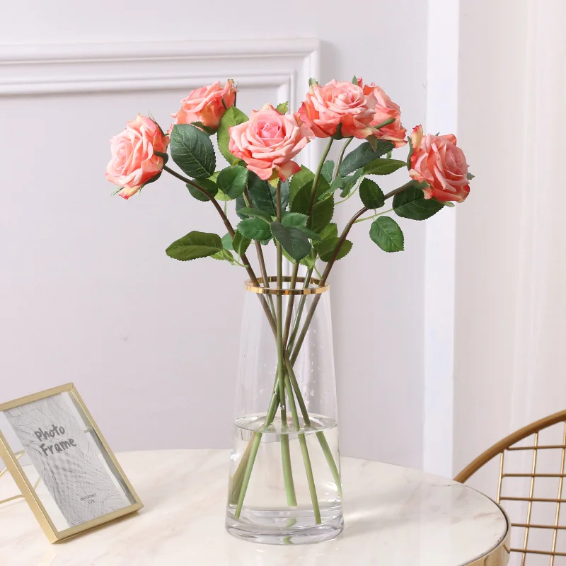 Розовые Искусственные розы на ощупь одиночные украшения для дома искусственные