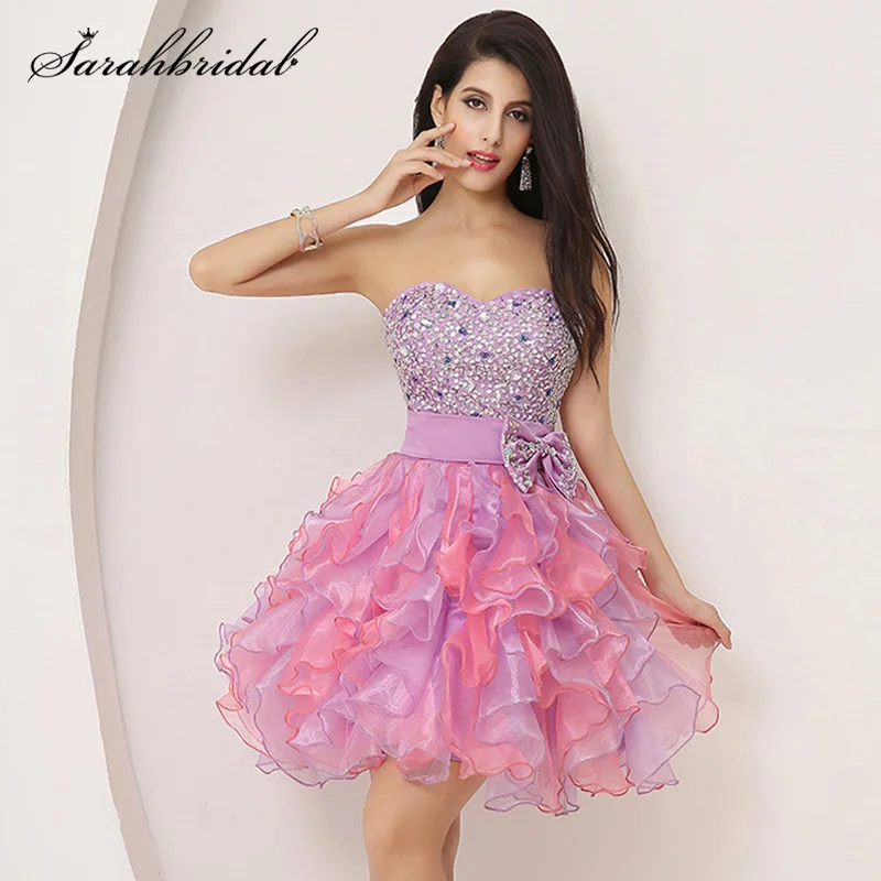 

Sweety Ruffles Mini Graduation Dresses Puffy Beading Bow Girl Cute Crystal Sweetheart Formal Homecoming Party Gown Organza SD131