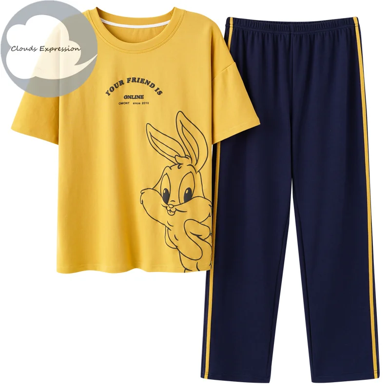 

Summer Women's Pajama Set Cartoon Sleepwear Cute Striped Pajama Sets Knitted cotton casual Nightwear Pyjamas Home Wear Fashion
