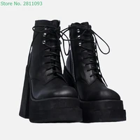 leather trend martin boots fashion style square heels 8cm fashion style lace up square toe black leather dress women ankle boot