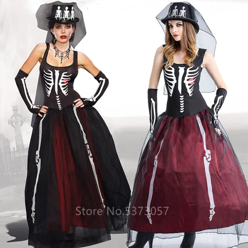 

Halloween Vampire Cosplay Scary Costume Skeleton Print Lace Dress Women Witch Ghost Bride Carnival Party Stage Performance Wear