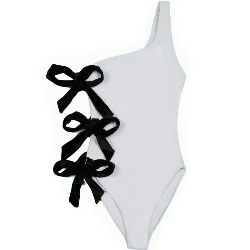 

Bikini One-piece Swimsuit Single Shoulder Bikini Set Bowknot Bathing Wear Solid Color Woman Summer Bodysuit Beach Wear 2021 New