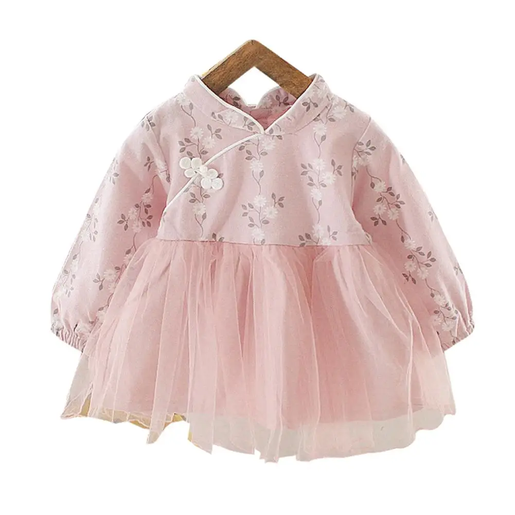 Китайское платье-Ципао с длинным рукавом и цветочным принтом для маленьких