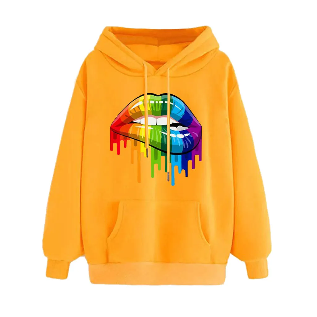 

Women Stylish Long Sleeve Lips Print Hoodies New Fashion Loose Hooded Street Wear Autumn Tops For Women Ladies