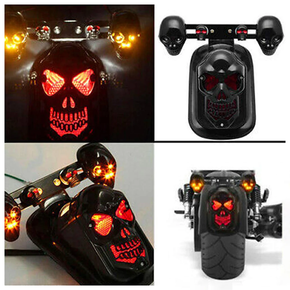 Chrome Skeleton Style Modified Motorcycle LED Black Skull Taillight with Turn Signal Motorbike Tail Lights Plus Steering |