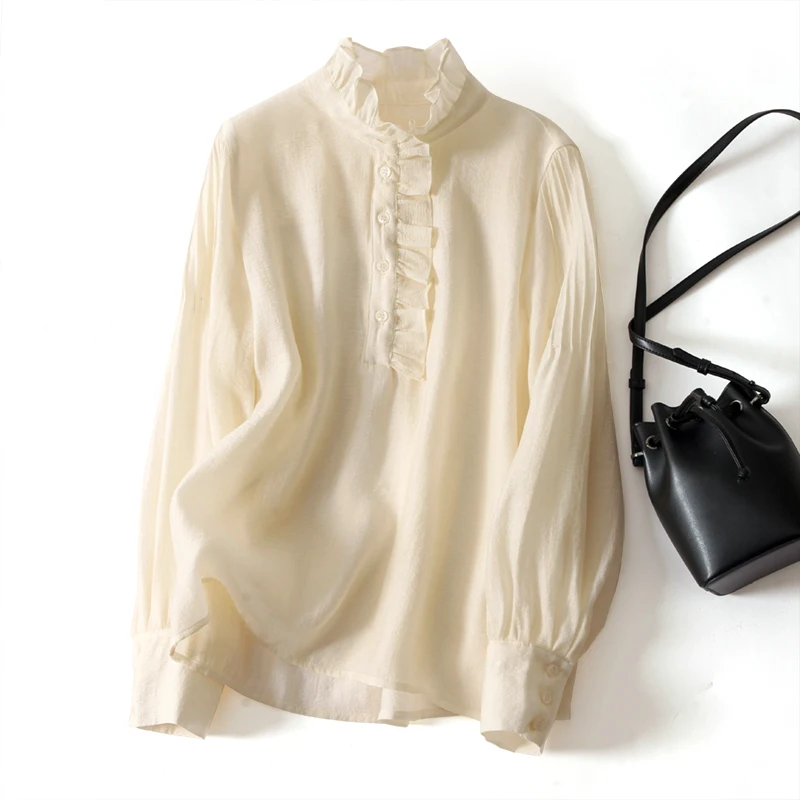 

Женские рубашки, женские сексуальные кружевные топы с высоким воротником VONDA 2022, винтажная Повседневная однотонная блузка с длинным рукаво...