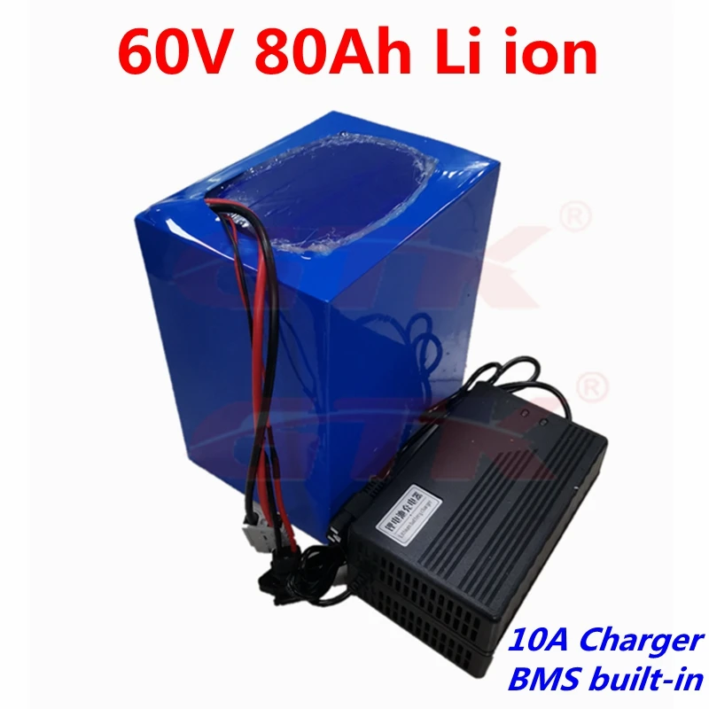 

60V, 80ah rechargeable lithium ion battery with BMS 3000W, 4800W, 6000W, scooter, electric tricycle, motorcycle + 10A charger