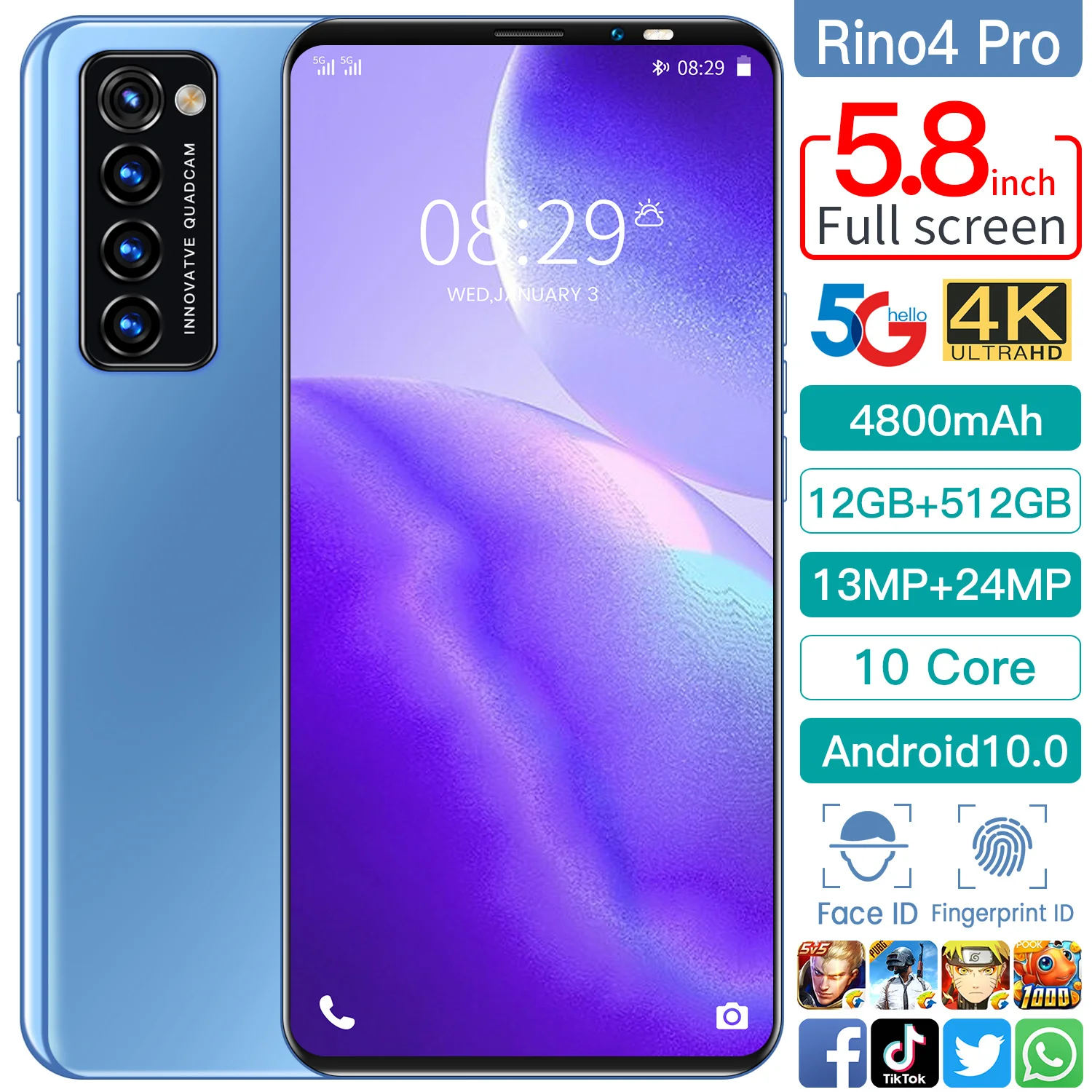 

Global Version Universal Rino4 Pro 5.8Inch Screen Android Smartphones 12GB+512GB MTK6889 10-Core Face ID Unlock Mobile Phone