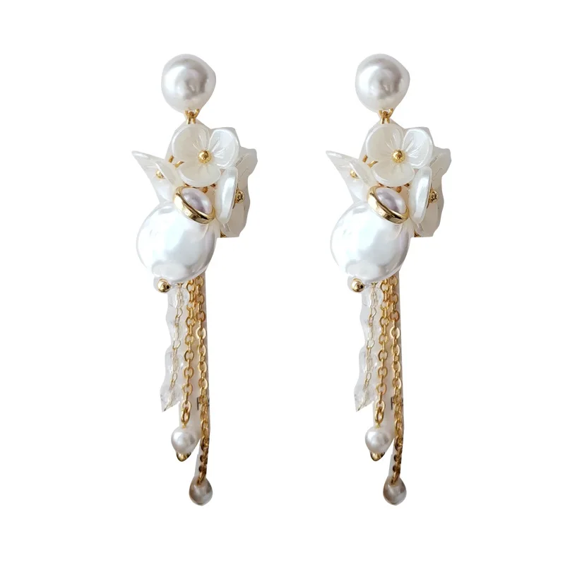 French Romantic Simulated Pearl Tassel Clip on Earrings Elegant Fresh White Flower Long Clip Earrings Without Piercing Lady images - 6