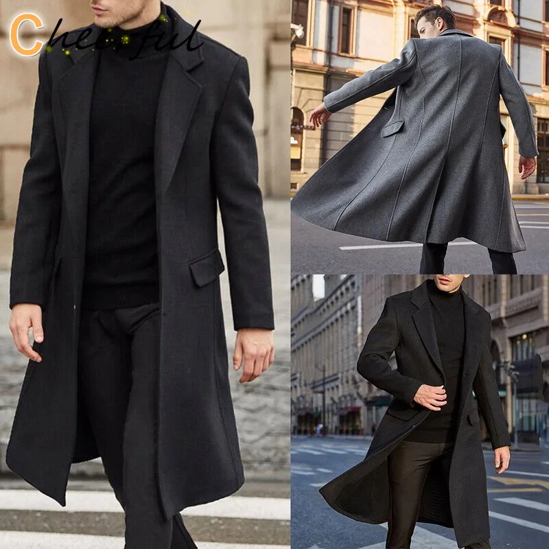 

Куртка мужская шерстяная однотонная, флисовая верхняя одежда с длинным рукавом, модный длинный Тренч, уличная одежда, весна-осень-зима