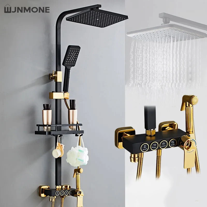 bathroom shower set black gold silver platinum thermostatic digital display hot cold single handle wall mounted shower systems free global shipping
