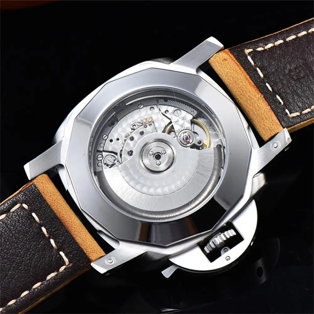 

44MM Men Military Watch Stainless Steel SEAGULL Mechanical Automatic Movement Leather Strap Luminous Date Men's Watches Clock P1