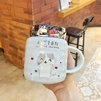 cute cat cup creative water cup casual cat mug ceramic with lid couple home coffee mug milk cup bottle christmas gift 430ml