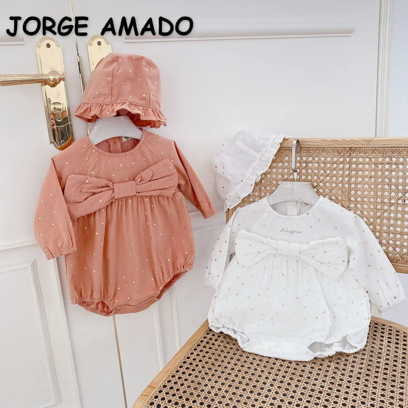 

2022 New Spring Baby Girls Bodysuit Long Puff Sleeves Pink White Bow Sequined Jumpsuit with Cap Newborn Cute Clothes E1119